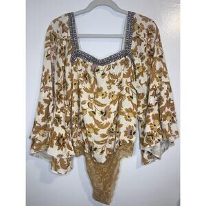 Intimately Free People Bodysuit Small Floral Boho Hippie Lace Flounce Sleeve NWT